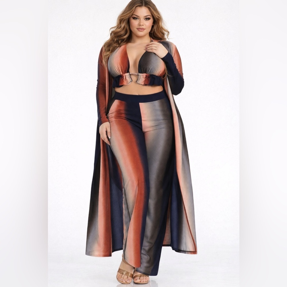 Plus Size Brown and Blue Straight Leg Three-Piece Set for Night Out